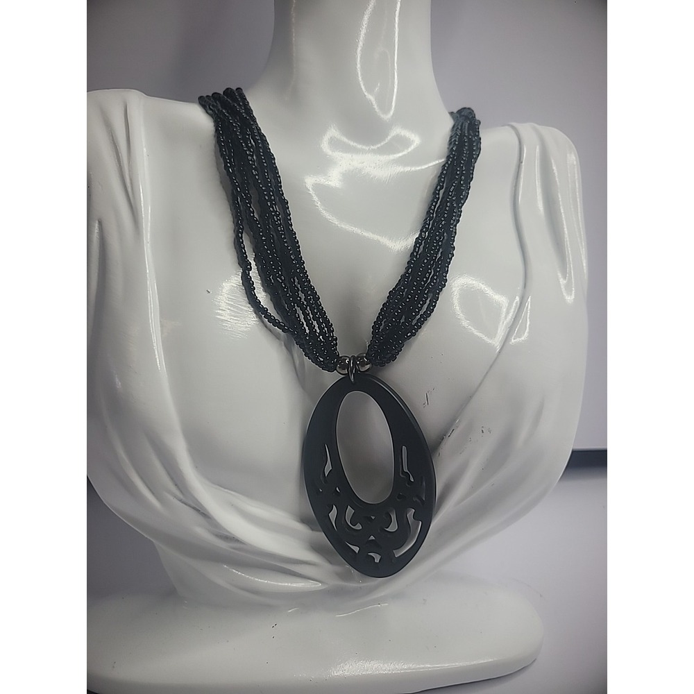 Vintage Silver Tone‎ Multi Strand Beaded Necklace Black Pendant Jewelry Costume
